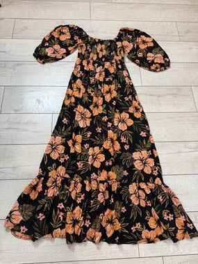 Billabong Black Maxi Dress with Orange and Pink Floral Print